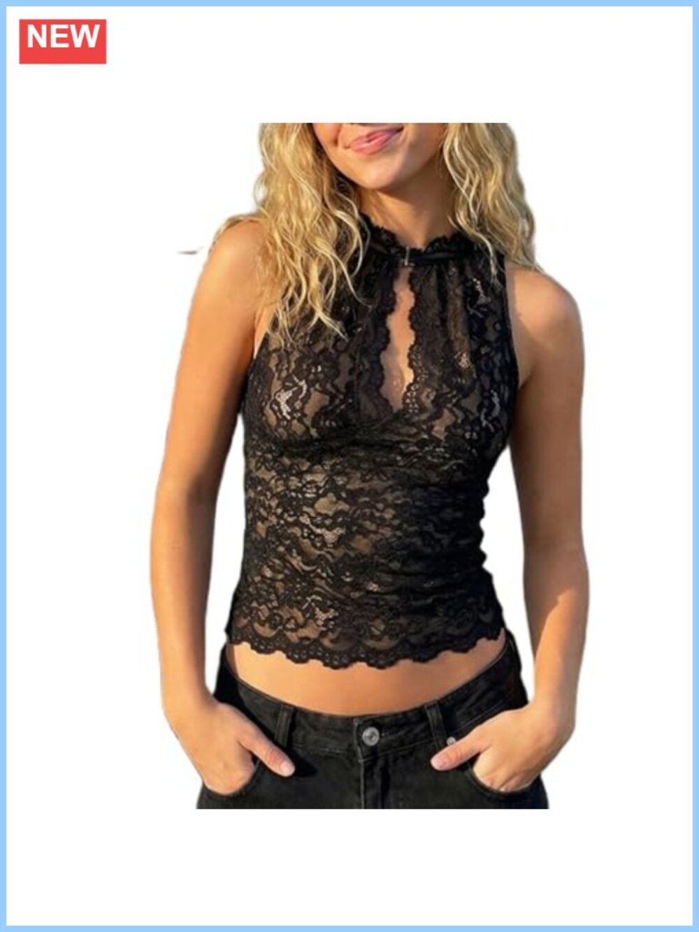 Women's Sheer Lace Tank Top Sleeveless Mock Neck Slim Fit Floral Y2K